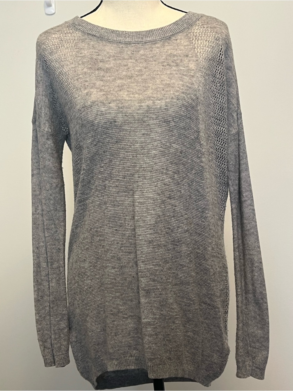 Dynamite Light Gray Crewneck Sweater with Open-Knit Panels